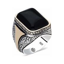 ​Gümüş Desenli Siyah Taşlı Köşeli Erkek Yüzük - 556659429