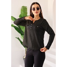 Lupinn Moda Kadın Siyah Simli /sim Parlak Çizgili Cep Detaylı Uzun Kollu Bluz Siyah