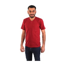 Eser - V Yaka Kısa Kol Penye İş Tişörtü - Cepli - Bordo