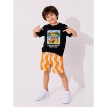 Cg Kids Summer Vibes Baskılı Dalgalı Erkek Çocuk Şortlu Takım - Lacivert / Turuncu Çok Renkli