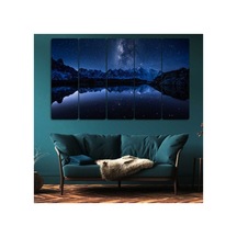 Gece, Göl Manzara, Dağlar - 5 Parçalı Tablo Görsel - 702503782 Görsel