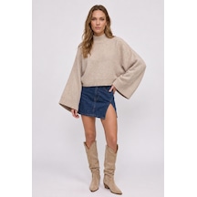 Neden Tekstil Kadın Premium Yarasa Geniş Kol Crop Triko Kazak - Taupe