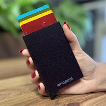 Wrapsol Mekanizmalı Kartlık Rfid Korumalı Alüminyum Otomatik Mekanizmalı Kredi Kartlık Renkli Mat Kırmızı Mor Simli Siyah Mor Simli Siyah Mor - Siyah