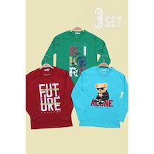 Panios Kids 3'lü Düz Basketball-retro Car-todaying Erkek Çocuk Uzun Kol Yeşil-kırmızı-turkuaz Sweatshirt Çok Renkli