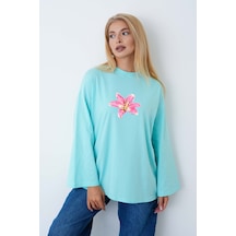 Medinenur Kadın Lily Çiçeğ Baskılı Uzun Kollu Oversize Body Yeşil