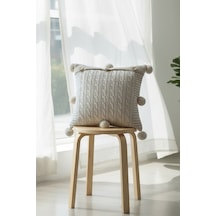 Ponponlu Triko Örme Kırlent Kılıfı - 40x40 Cm Kare Yastık Kılıfı - Koyu Krem Koyukrem Koyu Krem