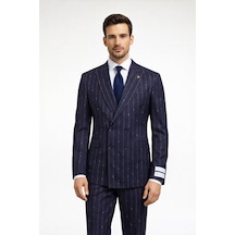 Fabıo Cassel Lacivert Çizgili Kruvaze Erkek Takım Elbise Slim Fit Lacivert