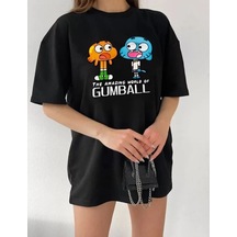 Grafik Baskılı Kadın Günlük Stil Siyah Cotton Salaş Kesim Oversiz