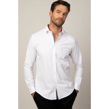 Tudors Slim Fit Uzun Kollu Armürlü Düğme Patı Manşet İçi Biyeli Erkek Beyaz Gömlek-26555 Beyaz
