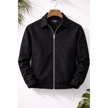 Mero Life Erkek Basic Old Money Fermuarlı Oversize Mevsimlik Polo Yaka Gabardin Kumaş Siyah Ceket