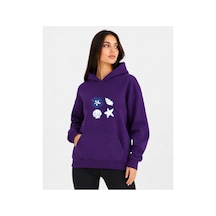Herkesemoda Deniz Kabukları Baskılı Kapüşonlu 2 İplik Şardonlu Sweatshirt Mor