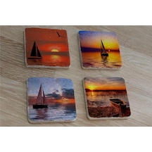 Gün Batımında Yelkenliler Doğal Taş Bardak Altlığı 4'lü Set - Natural Stone Coasters - Taş Çok Renkli