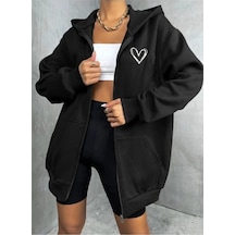 Pandy Kapüşonlu Fermuarlı Oversize Kalp Baskılı Mevsimlik Unisex Sweatshirt Kalpbaskılı Siyah