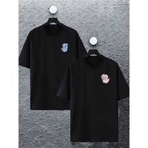 Unisex Kadın Erkek Dinazor Tom Ve Jerry Baskılı Sevgili Çift Kombini Tasarım Oversize Tshirt 2'li Siyah Mck2111 Siyah