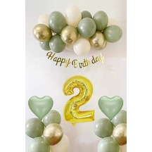 Adaçayı Konsept Doğum Günü Seti Küf Yeşili-krom Gold- Deniz Kumu Ve Adaçayı Kalp Folyo Balon 2 Genel