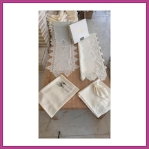 Gees Global Sofra Takımı Mimoza Gardenya Keten Yemek Takımı 160x220 Masa Seti 26 Parça Runner Set Krem Gbzs