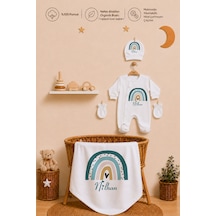 Pia Baby Kişiye Özel Erkek Bebek Tulum Set 4 Parça %100 Pamuk İsimli Organik Baskılı Battaniyeli 1095bt0x Krem