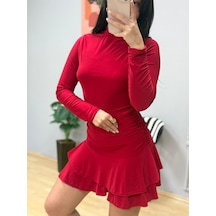 Dogutrend Kadın Uzun Kollu Balıkçı Yaka Mini Fırfırlı Sandy Elbise Kırmızı
