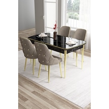 Canisa Tia Serisi 80x132 Açılabilir Mdf Siyah Mermer Desen Gold Detay Masa Takımı Ve 4 Cappucino Sandalye Masa Siyah Mermer Desen Sandalye Cappucino