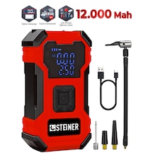 Steiner 12.000 Mah Dijital Ekranlı Kablosuz Lastik Hava Pompası Şarjlı Hava Kompresörü Powerbank Led Işık Kırmızı