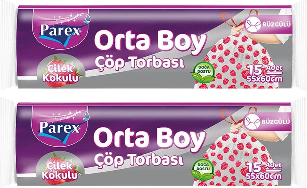 Premium Büzgülü Çöp Torbası Çilek Kokulu Orta Boy 15'li 55 X 60 Cm İkili Paket
