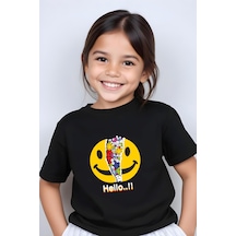 Panios Kids Emoji Baskılı Kız Çocuk Kısa Kollu T-shirt Siyah