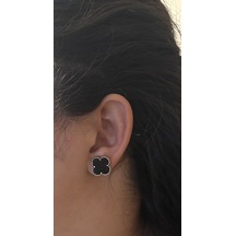Kadın Siyah Yonca Model Büyük Çelik Küpe Silver