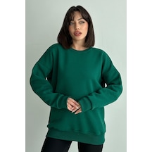 Kadın Bisiklet Yaka Oversize Sweatshirt Nefti Yeşili