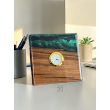 Classic Ceviz & Epoksi Masa Saati 3,5 Cm Altın Kaplama Quartz Mekanizma Tasarım Masaüstü Saat 15x15 Cm Yeşil