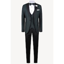 Ysf Erkek Yeşil Yelekli Şal Yaka Slim Fit Damatlık Koyu Yeşil