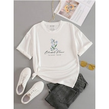 Unisex Beyaz Oversize Forever Flower Baskılı Örme T-shirt Beyaz