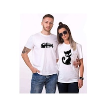 Tshirthane Kedi Ve Balık Cat Fish Sevgili Kombinleri Tshirt Beyaz