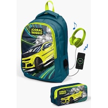 Coral High Kids Nefti Fosforlu Sarı Araba Desenli Usb'li 2'li Okul Çanta Seti Set0224319
