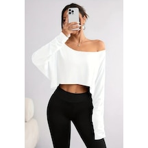 Kadın Düşük Omuz Kayık Yaka Oversize Uzun Kollu Crop T-shirt Beyaz