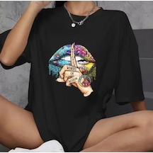 Soonaksesuar Unisex Bisiklet Yaka Baskılı Oversize T-shirt - Siyah SIYAH