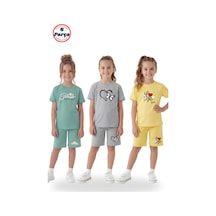 Fyk Kids 3'lü Yuvarlak Yaka Tişört Renkli Kapri Baskı Detaylı 6 Parça Kız Çocuk Alt Üst Takım Açık Mint