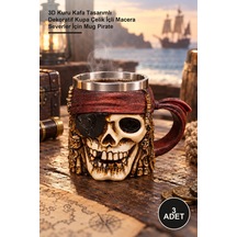 3 Adet Korsan Kupa Bardak 3d Kuru Kafa Tasarımlı Dekoratif Kupa Çelik İçli Macera Severler İçin Mug Pirate Diğer