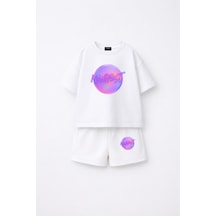 Fasardi Manifest Girls Logo Baskılı Oversize %100 Pamuk Tişört Şort 2li Çocuk Takım Beyaz