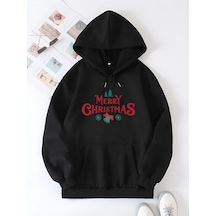 Yılbaşı Merry Christmas Baskılı Oversize Kapüşonlu Sweatshirt Hoodie - Siyah