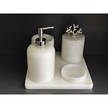 Beyaz Mermer Gümüş Mercan Aksesuarlı 5'li Banyo Seti Yeni Ürün Beyaz