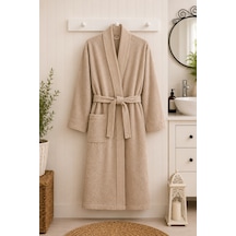 Tokyo Waffle Kimono Bornoz Unisex Spa Ve Otel Bornozu, Pamuklu, Cepli, Yumuşak Dokulu Bej