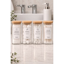 Lora - 4'lü Kare Bambu Kapaklı Dekoratif Banyo Düzenleyici Plastik Organizer Set Beyaz