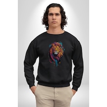 Renkli Yağlı Boya Aslan Unisex Siyah Baskılı Sweatshirt Siyah
