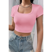 Angbutik Kadın Pembe Yarım Kol Düz Yaka Crop Top Bluz