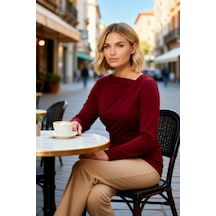 Benerly Kadın Bluz Fitted Asimetrik Yaka Uzun Kol Örme Ribana Düz Desenli bordo