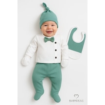 Babyden's Erkek Bebek Hastane Çıkışı 5'li Takım %100pamuk Ribana Kumaş Papyonlu Zıbın, Şapka,eldiven,önlük,alt Yeşil