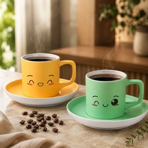 Bk Gift 2'li Sarı Ve Yeşil Renkli Emoji Yüz Tasarımlı Seramik Türk Kahvesi Fincanı Takımı-6 Çok Renkli
