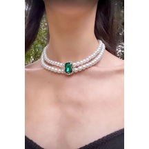 Haki Kristal Uçlu İnci Choker Kolye Beyaz