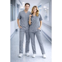Likralı Hemşire Doktor Forması Premium Belinda Soft Kumaş Scrubs Hastane Üniforması Cerrahi Takım Gri