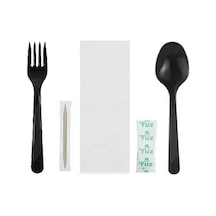 50 Adet Tekli Ambalajlı Siyah Plastik Lüks Kullan At Kaşık, Çatal, Peçete, Kürdan, Tuz 5 Li Yemek Seti Şeffaf